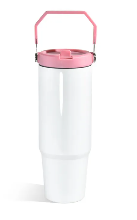 Vaso de Sublimación de 30 oz con Tapa de Asa de Color Rosado Claro, de Acero Inoxidable
