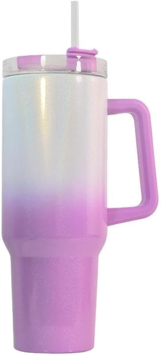 Vaso Térmico de Color Morado con Glitter de 40 oz, asa y tapa con pajita