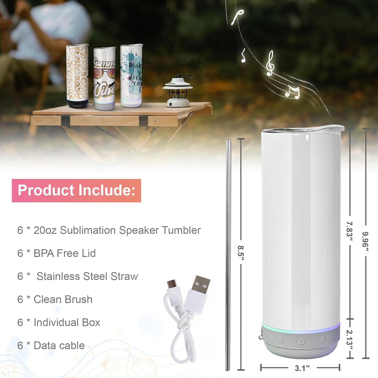 Vaso de Sublimación de 20 oz con Altavoz Integrado