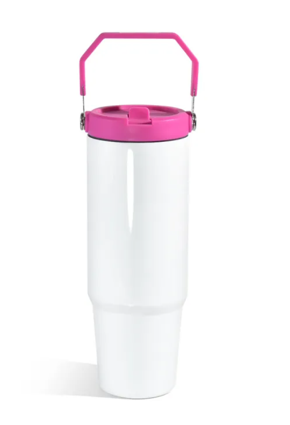 Vaso de Sublimación de 30 oz con Tapa de Asa de Color Rosado Fucsia, de Acero Inoxidable
