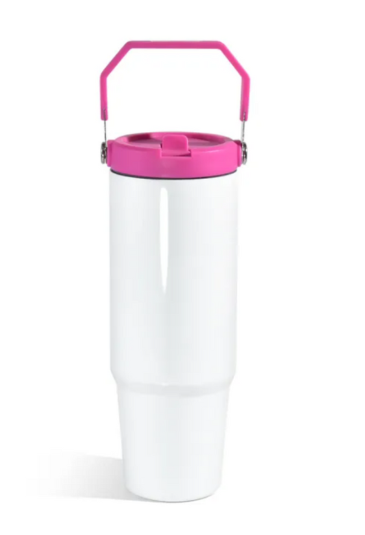 Vaso de Sublimación de 30 oz con Tapa de Asa de Color Rosado Fucsia, de Acero Inoxidable