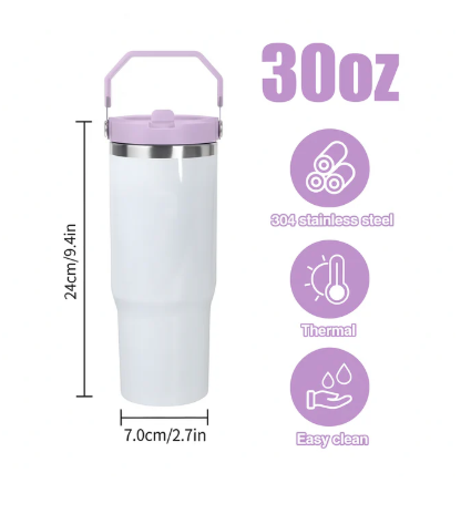 Vaso de Sublimación de 30 oz con Tapa de Asa de Color Morado, de Acero Inoxidable